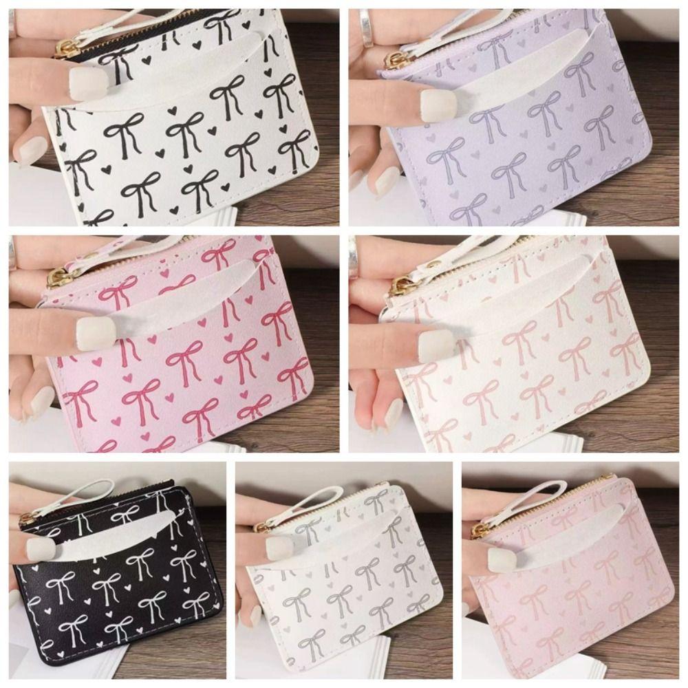 Zipper Bow Wallet PU Leather Card Holder Portable Short Card Bag Daily