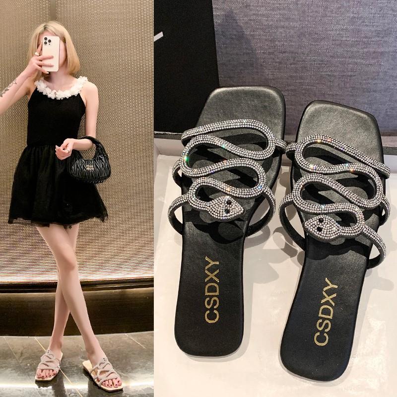 Korean Version of Rhinestone Snake Head Type Flat-bottomed Slippers Women's Flat Slippers Square Head Home Slippers Black