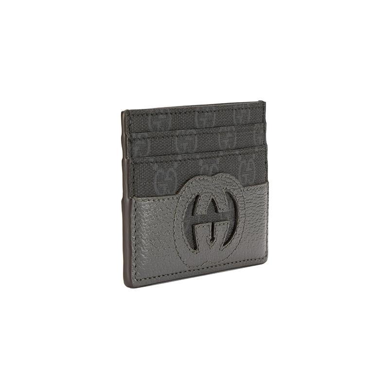 Gucci GG Supreme card holder with hollow interlocking double G canvas and leather piping, men's black and gray
