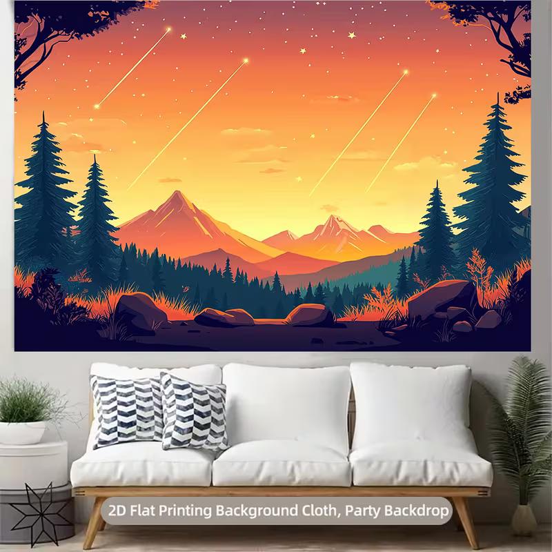 2D Starry Meteor Mountain Backdrop 2D Sunset Pine Forest Photo Background for Photography Decor