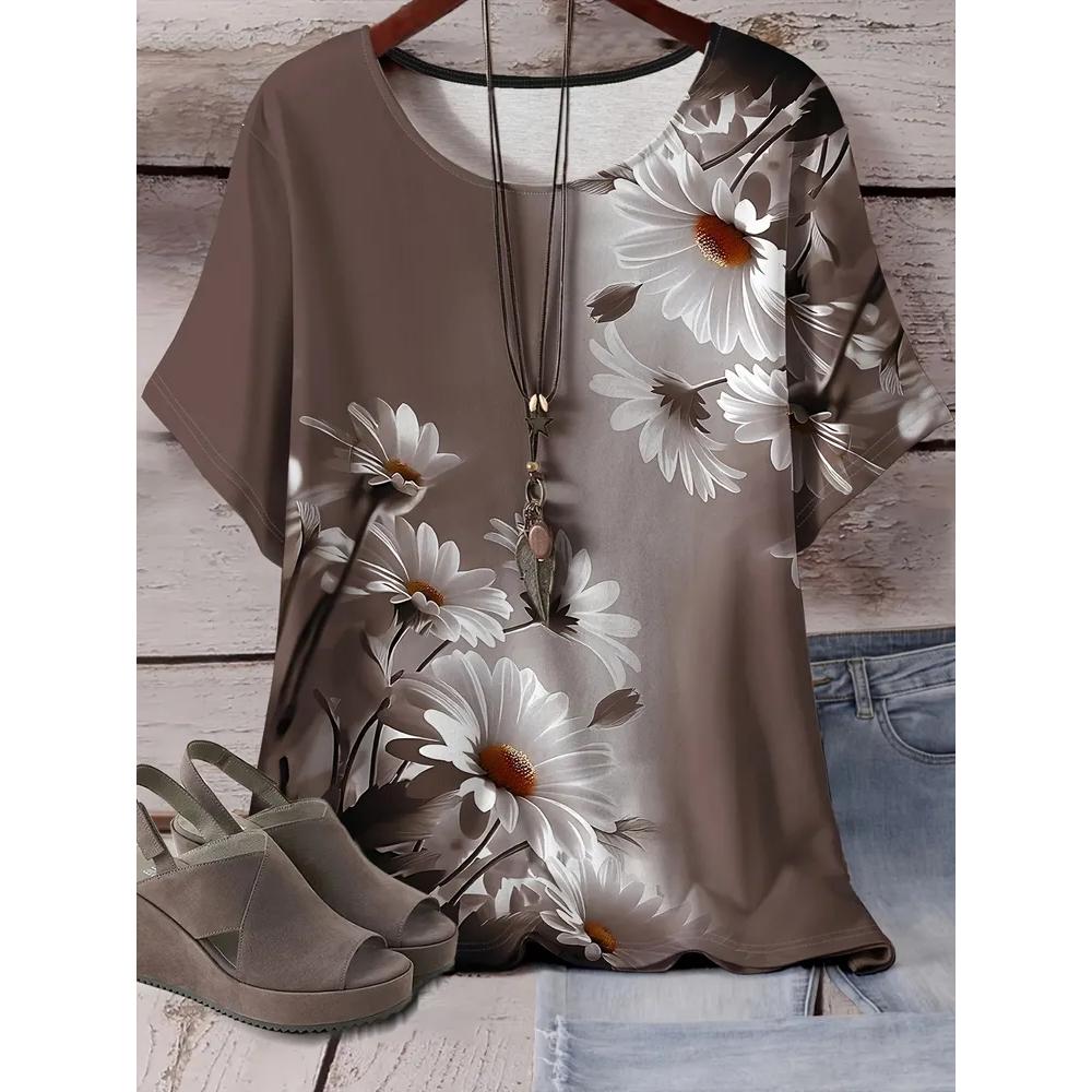 Modisches Blumendruck Damen Top Lässig Kurzarm Locker Bequem T-Shirt Vielseitige T-Shirts Damen