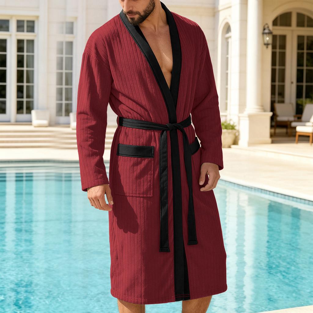 Bata Kimono de Manga Larga para Hombre con Ribete Tejido Suave y Ligero Bata de Baño con Cinturón y Bolsillos para Spa en Casa