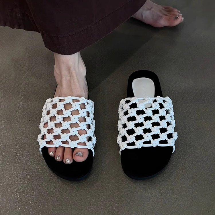 Sheepskin Version~ Hand-woven Fishing Net Hollow Thick-soled Beach Shoes, Women's Soft Leather Versatile Casual Round Head Dew, Hasou