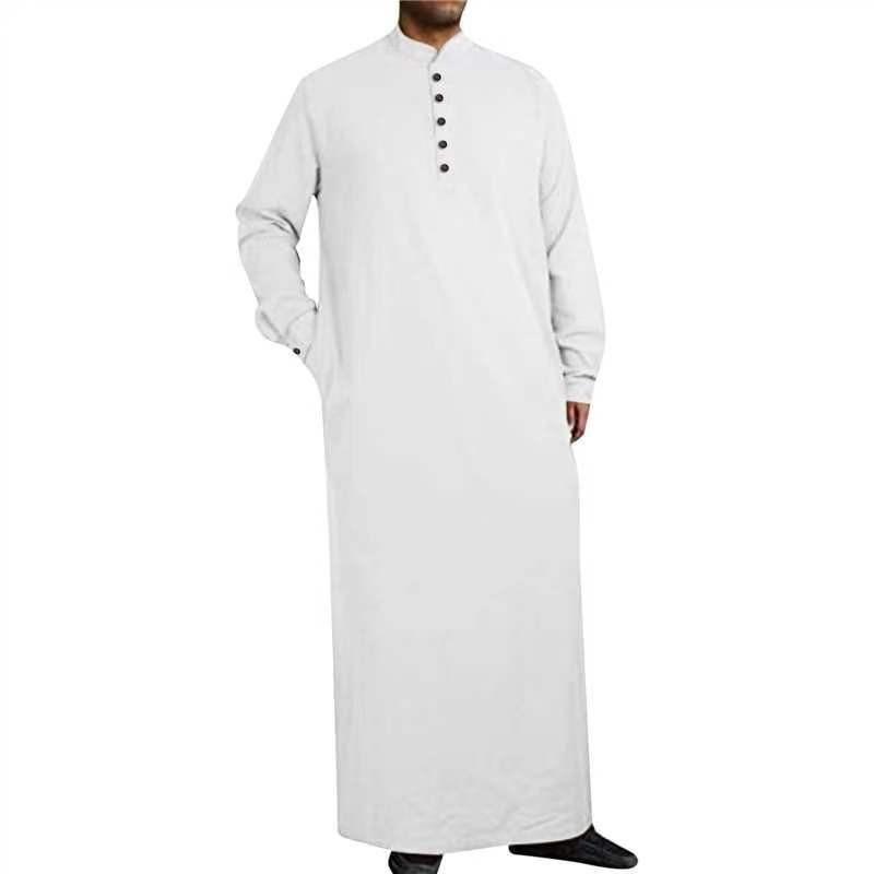 Men's Thobe Solid Color Long Sleeve Robe Men Stand Collar Button Down Islamic Kaftan Casual Middle East Arabic Traditional Long Muslim Dress