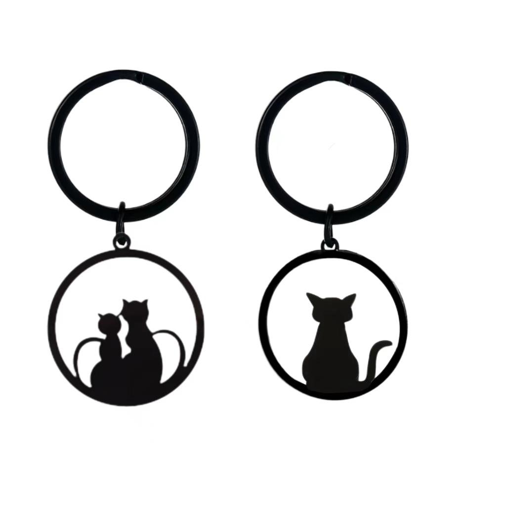 Gold Silver Black White Splicing Cat Stainless Steel Keychain Cute Cartoon Design Fashion Couple Pendant Practical Backpack Decoration