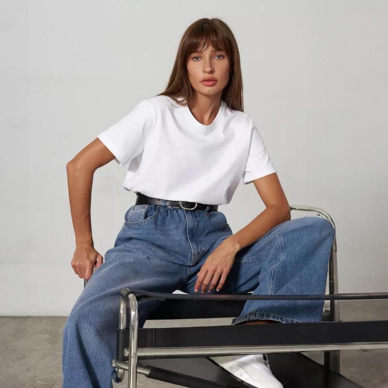 

Лето 2024, однотонная свободная женская футболка, модная повседневная футболка с круглым вырезом и коротким рукавом, женские элегантные простые офисные футболки 24139 2XL белый