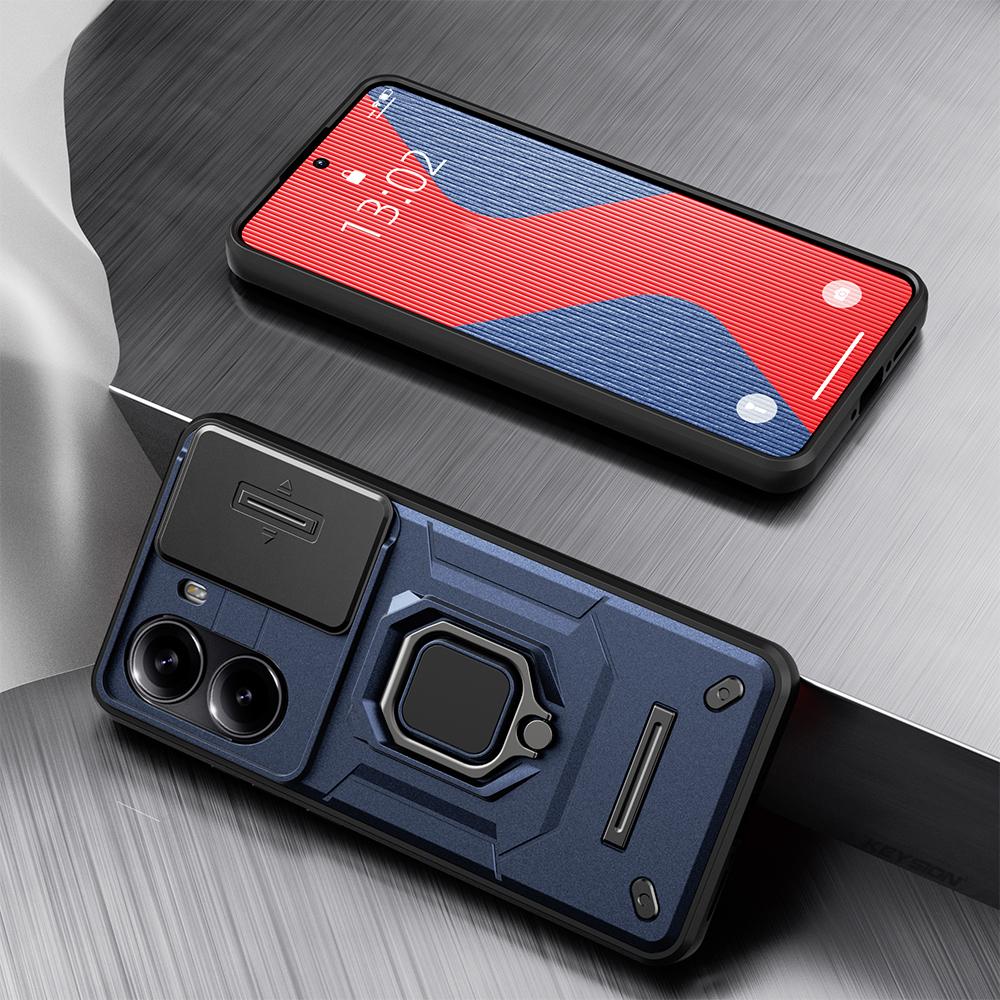 KEYSION Shockproof Armor Case for Xiaomi POCO X7 Pro Slide Camera Lens Protection Ring Stand Phone Back Cover for Redmi Turbo 4