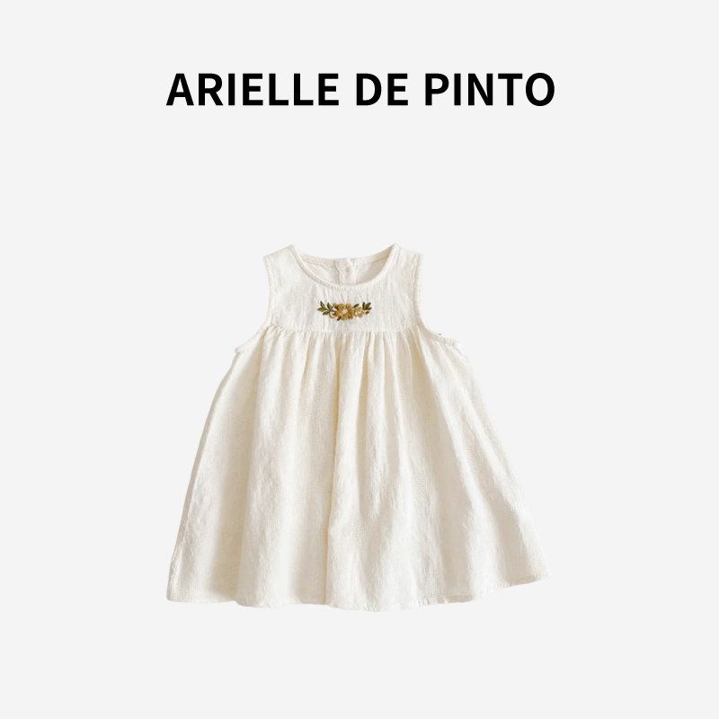 French Arielle De Pinto Girls  Dress Summer New Style Sleeveless Embroidered Vest Princess Dress Beige 100 cm