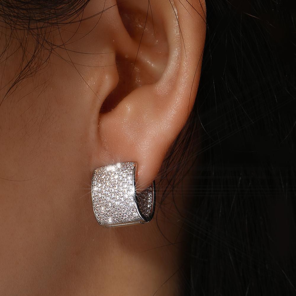 EmmayaZircons Double Sided Micro Paved Cubic Zirconia White Gold CZ Stone Rectangle Hoop Earrings for Ladies Jewelry