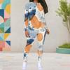 Women Plus Size White Printed Round Neck Long Sleeve Top And Fitted Pants Two Piece Set