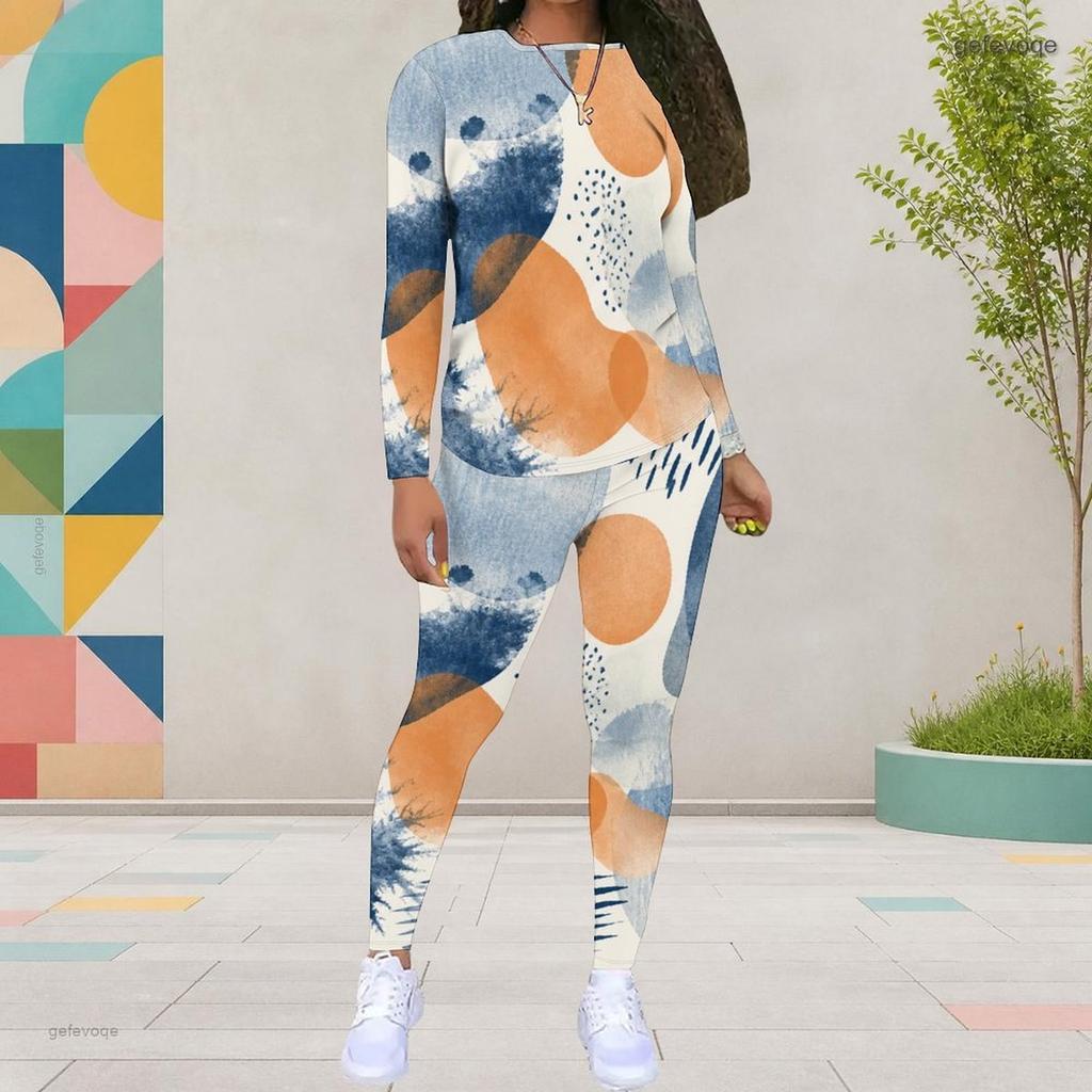 Women Plus Size White Printed Round Neck Long Sleeve Top And Fitted Pants Two Piece Set