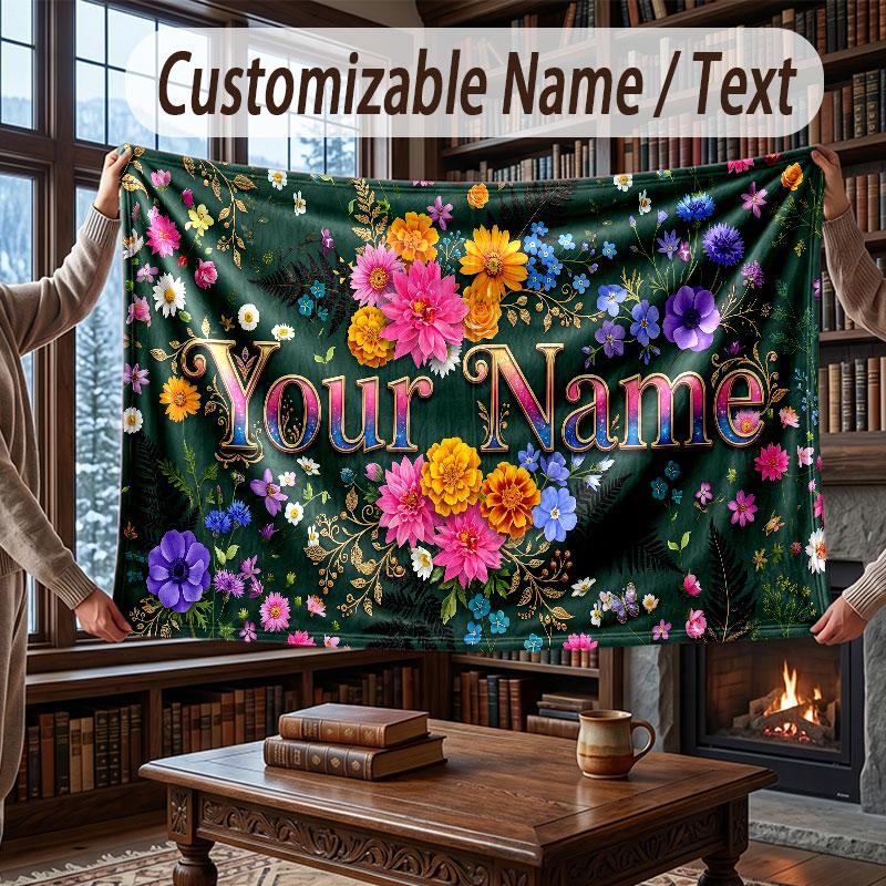 Floral Garden Theme Throw Blanket Custom Name Text Personalized Blanket Soft Cozy Blanket for Home Sofa Bed