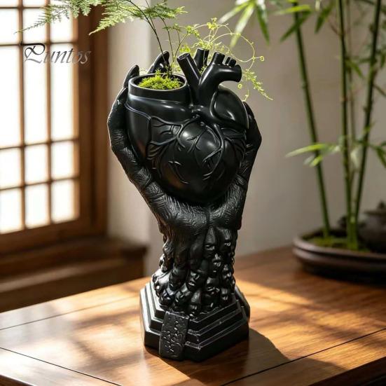 Anatomical Heart Planter Hand Holding Human Organ Vase, Gothic Shaped Succulent Plant Container Spooky Halloween Desktop Flower Pot for Living