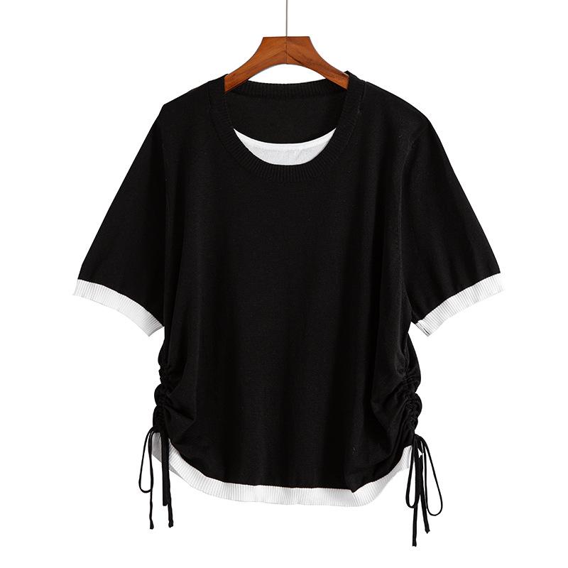 

Women s Plus-Size Color Block Two-Piece Look Knit Top with Side Ruched Design 3XL (165-200 lbs) чёрный