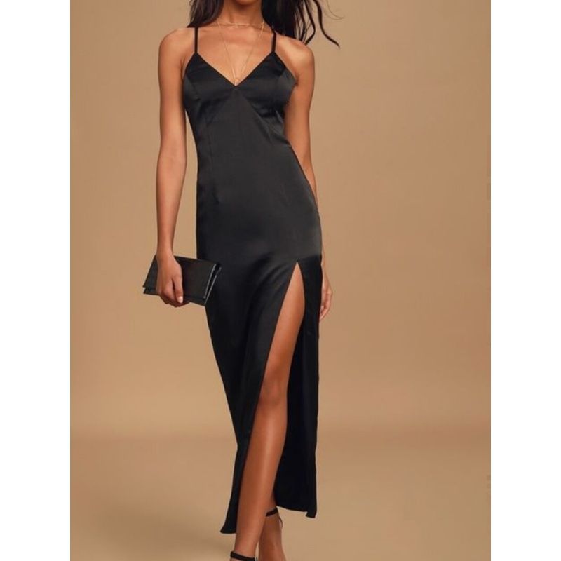 Export Lu's Sling Hepburn Dark High Quality V Neck Split Waist Fitted Slimming and Fashionable Smooth Fabric Dress