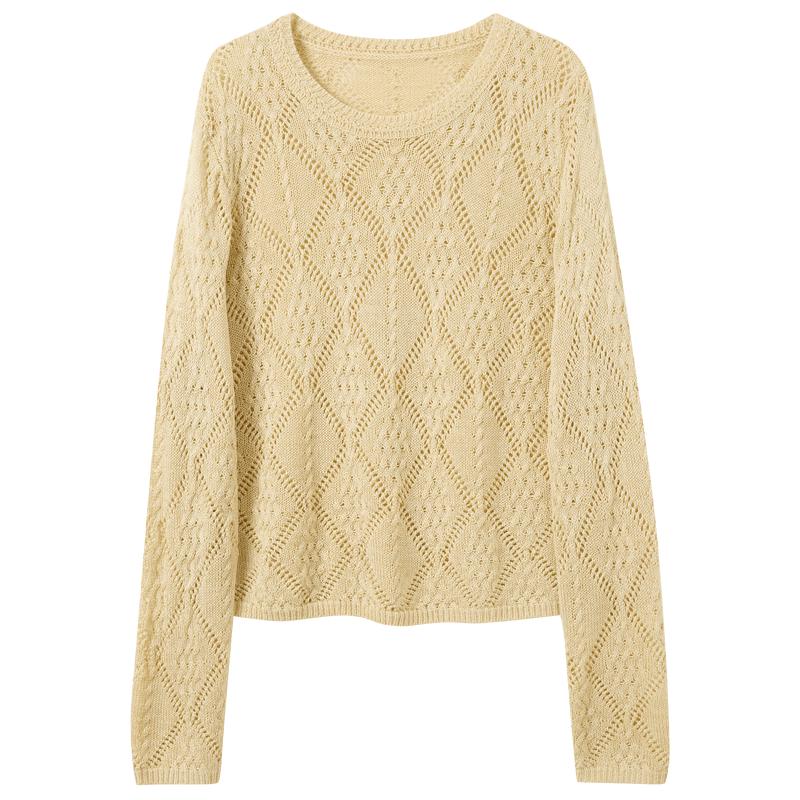 Sancai Women's Round Neck Long Sleeve Hollow Knit Sweater
