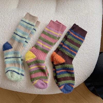 Female Winter New Style Plush and Thick Color Stripes Students All with Long Socks