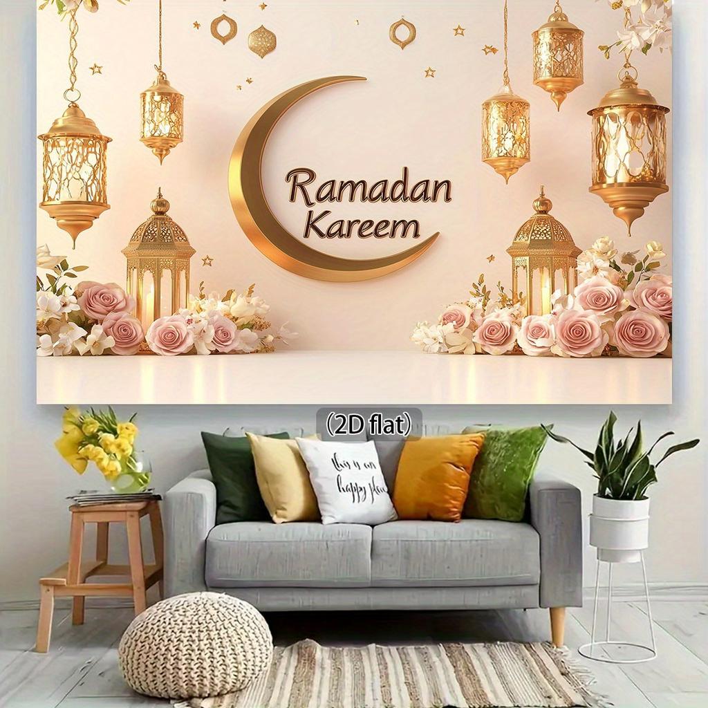 Ramadan Kareem Islamic Festival Tapestry Golden Crescent Moon Lanterns Pink Roses Religious Celebration Wall Hanging for Muslim