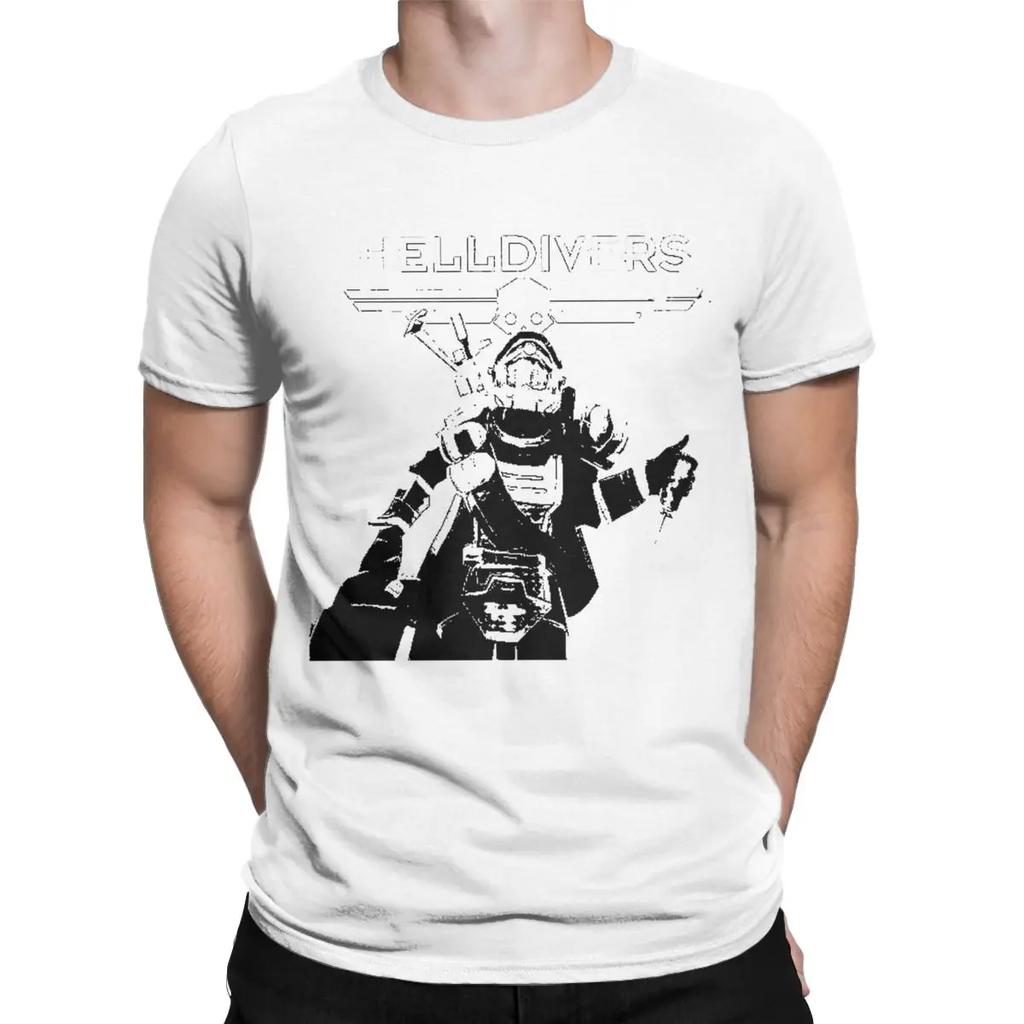 Helldivers Scifi Video Game T-Shirt Men Cool Pure Cotton Tee Shirt Crewneck Short Sleeve T Shirt Plus Size Clothing