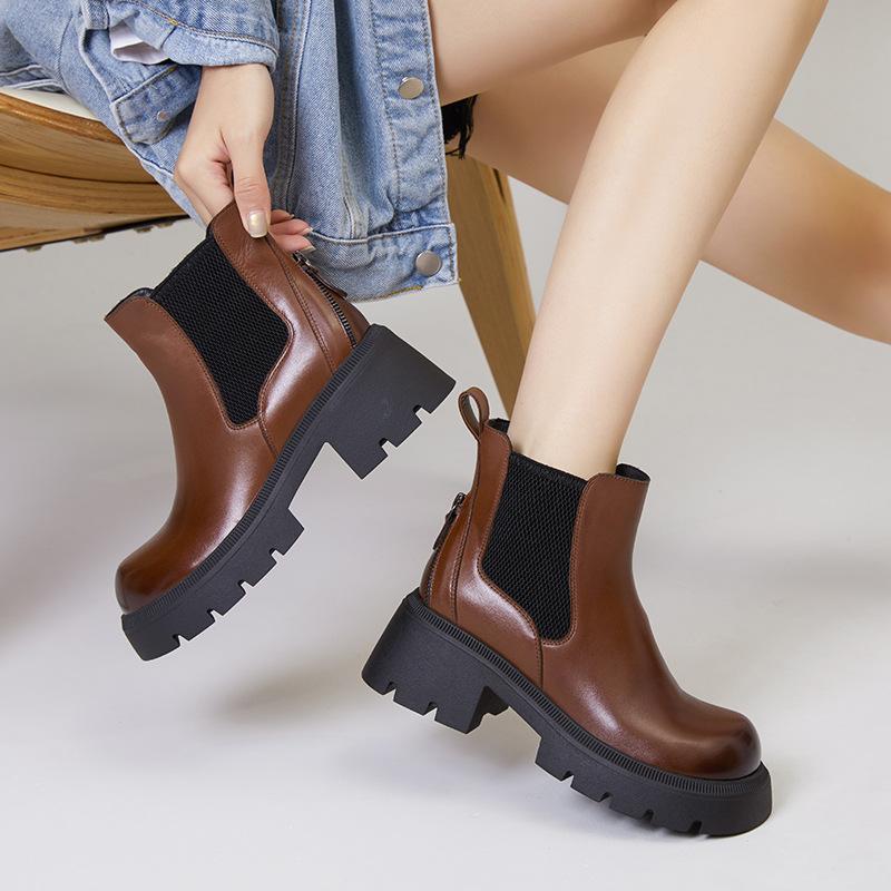 Leather Martin Boots Women's Short Boots 2025 Autumn and Winter New Retro Cigarette Boots Velvet Thick-soled Medium Tube Chelsea Boots