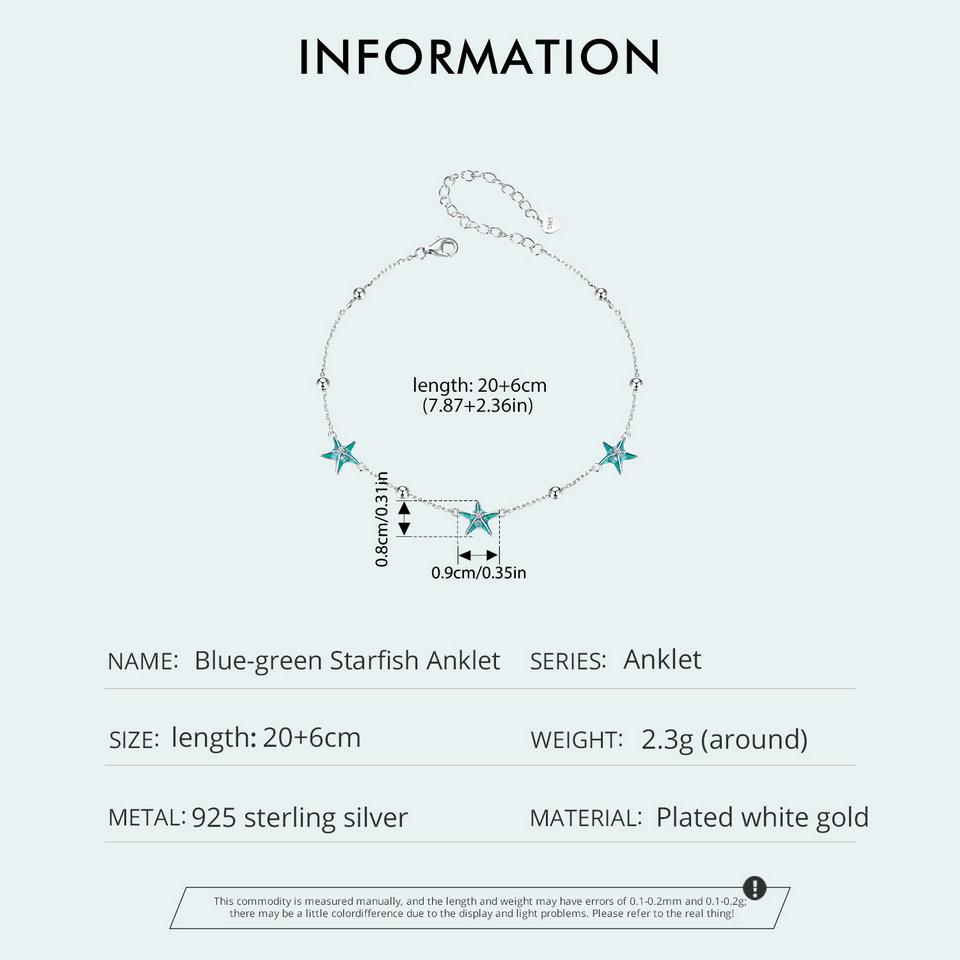 Bamoer 925 Sterling Silver Blue Starfish Bracelet Plated White Gold Adjustable Chain for Women Summer Fine Jewelry Party