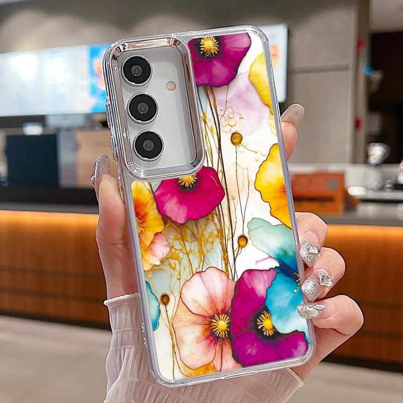 

Oil Painting Flower Pattern Case For Samsung S26 S25 Ultra S24 FE S23 Plus S22 S21 A15 A16 A17 A35 A36 A37 A54 A55 A56 A57 5G Plating Lens Soft Cover Samsung S26 Ultra прозрачный