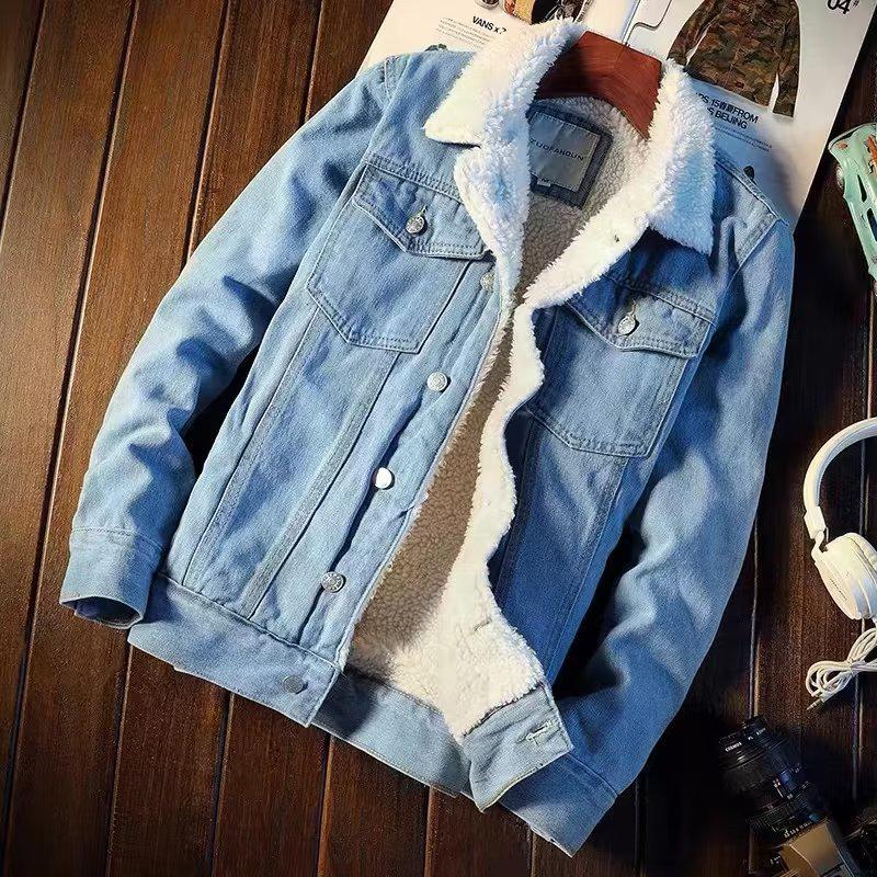 

Men s Winter Retro Thickened Velvet Denim Jacket - Korean Style, Trendy, Large Size 4XL светло-синий