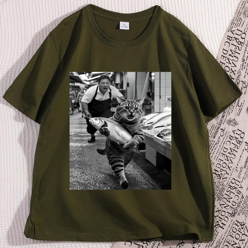 Funny Cat Stealing Fish T Shirt Men Cotton Round Neck Short Seeve Tees Loose Casual Comfortable Round Neck Short Sleeve Tops