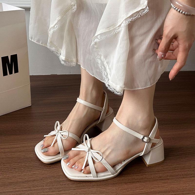 High heel thick heel sandals women's summer 2025 new square head open toe word with bow Internet celebrity popular shoes