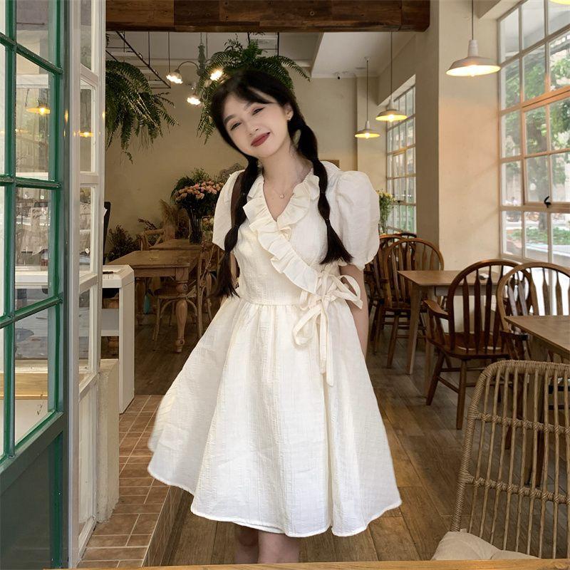 Sweet Ruffled Short Sleeve New Dress for Women Straps Waist V-neck Princess Skirt