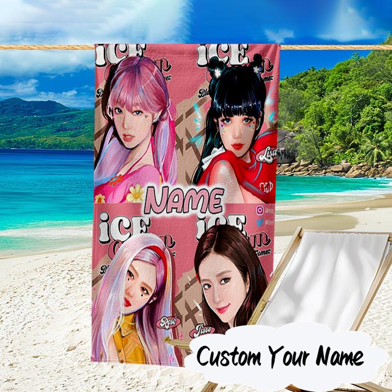 Custom Name Neon Kpop BP Microfiber Beach Towel Super Soft & Absorbent for Bath, Beach, Travel Bath Time Accessory, Fan Gifts