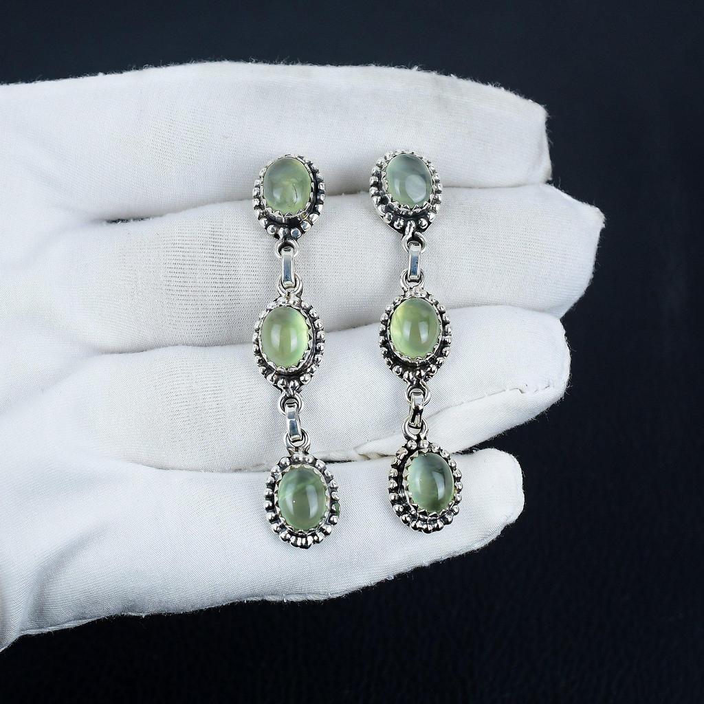Náušnice z přírodního prehnitu, náušnice ze sterlingového stříbra 925, ručně vyráběné boho stříbrné visací náušnice, dárek na párty