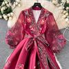 Vestido de Fiesta Boho para Mujer Impresión Floral Preciosa Gasa Manga de Farol Cierre de Cordones Cruzado Cuello en V Empalme de Banda de Satén