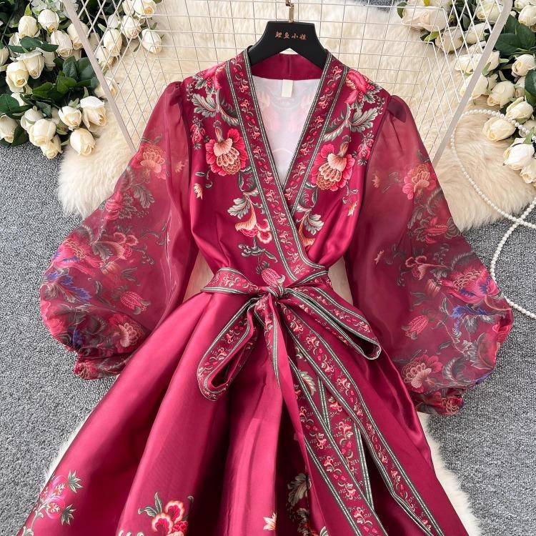 Vestido de Fiesta Boho para Mujer Impresión Floral Preciosa Gasa Manga de Farol Cierre de Cordones Cruzado Cuello en V Empalme de Banda de Satén