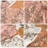 Damen Sommer Rosa Blumenstickerei V-Ausschnitt Leinenbluse