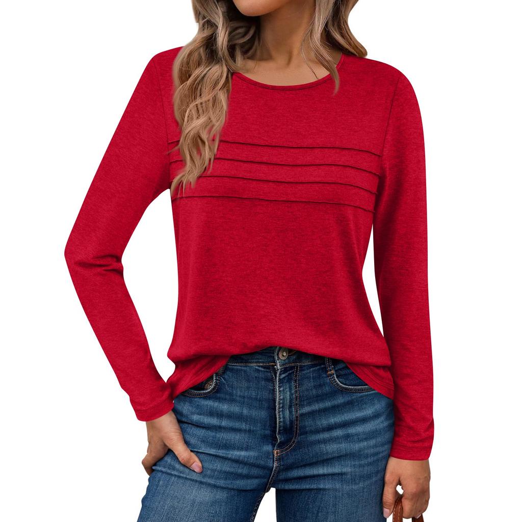 Long Sleeve Shirts For Women Pleated Solid Color Casual Blouses Fashion Basic Round Tops