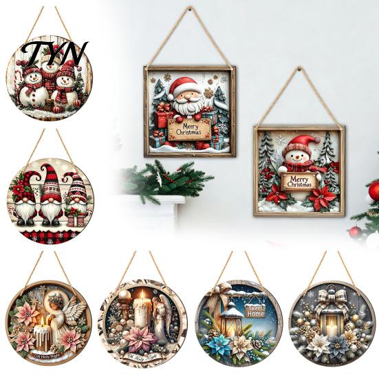 Xmas Door Hanger Christmas Wooden Hanging Sign, Gnome Snowman Angel Candle 2D Wood Plaque, Indoor Holiday Party Decor Vintage Wall for Home