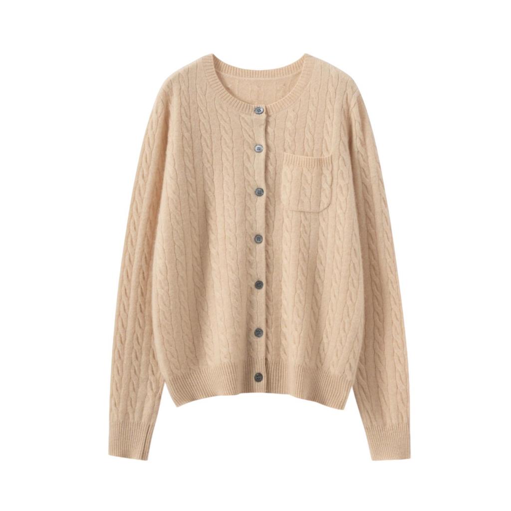Kang Sai Ni 100% Cashmere Women's Retro Cable Knit Cardigan: Fashionable, Loose, and Slimming Outerwear