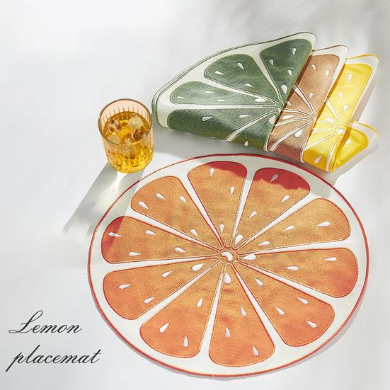 Lemon Slice Placemat Linen Heat Insulation Dining Mat Embroidered Round Orange Washable Placemat for Dining Table Decoration Protection