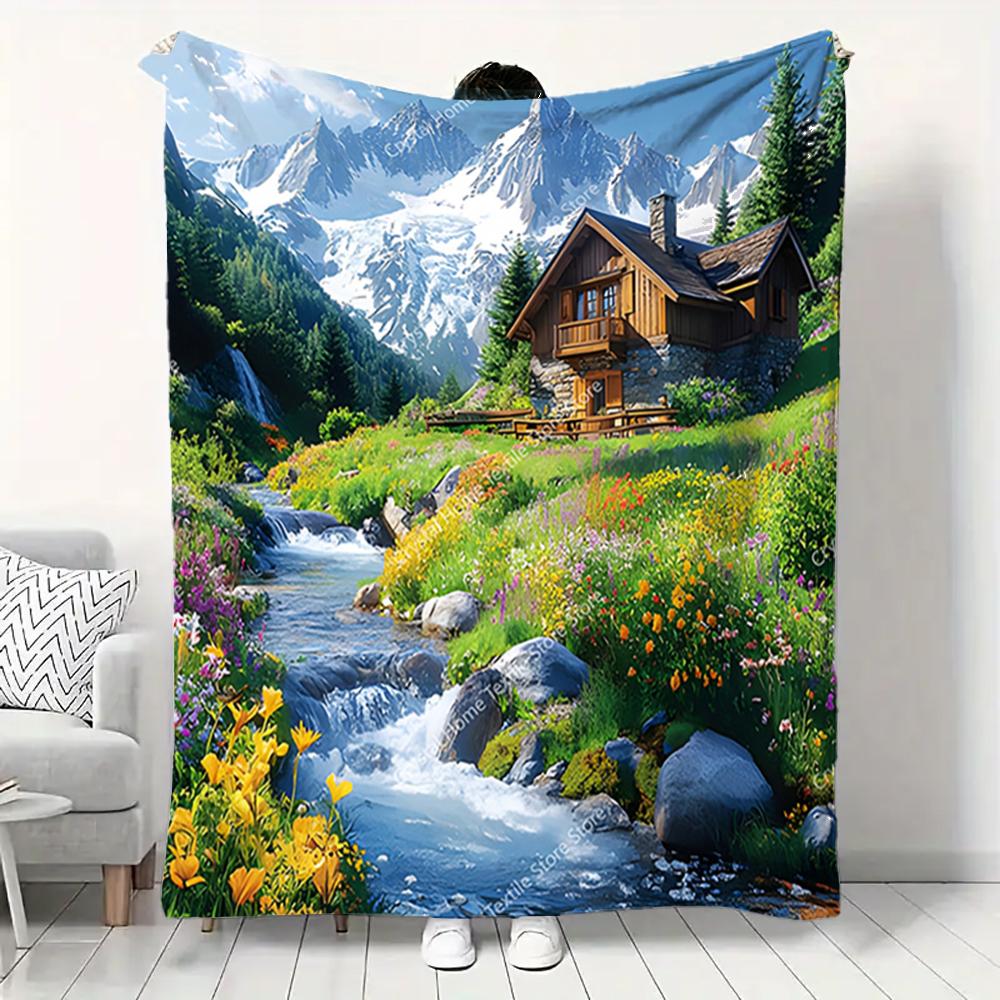 Eine Berghütte neben Flanelldecke Weiche Warme Überwurfdecke Haus Mittagspause Decke für Couch Sofa Büro Bett Reise Geschenk