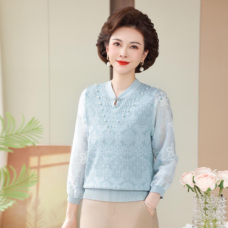 

Seven-Sleeve Knitted T-Shirt for Spring/Summer: Stylish, Loose Fit for Middle-Aged and Elderly Women 115 (Recommended for 110-130 jin) светло-синий
