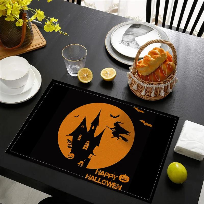 6PC Halloween Pumpkin Black Cat Placemats Festival Kitchen  Linen Dinning Table Mats Bowl Coffee Cup Pads Mats Home Decor