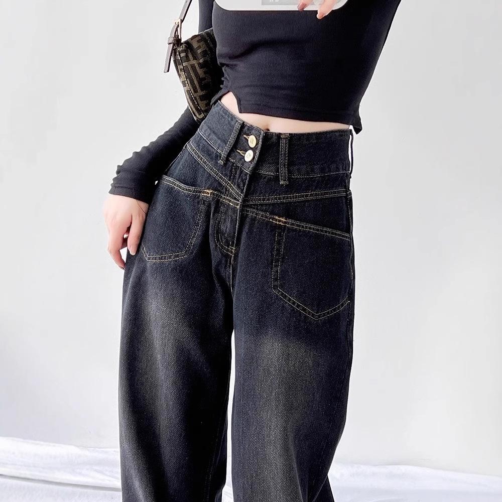 

Women s Black Fleece-Lined High-Waisted Wide-Leg Denim Pants - Autumn/Winter 2025 3XL