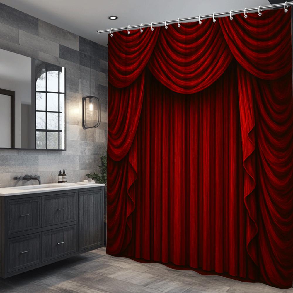 Red Velvet Theater Curtain Shower Curtain Dramatic Stage Drapes Elegant Luxury Bathroom Decor Waterproof Easy To Install