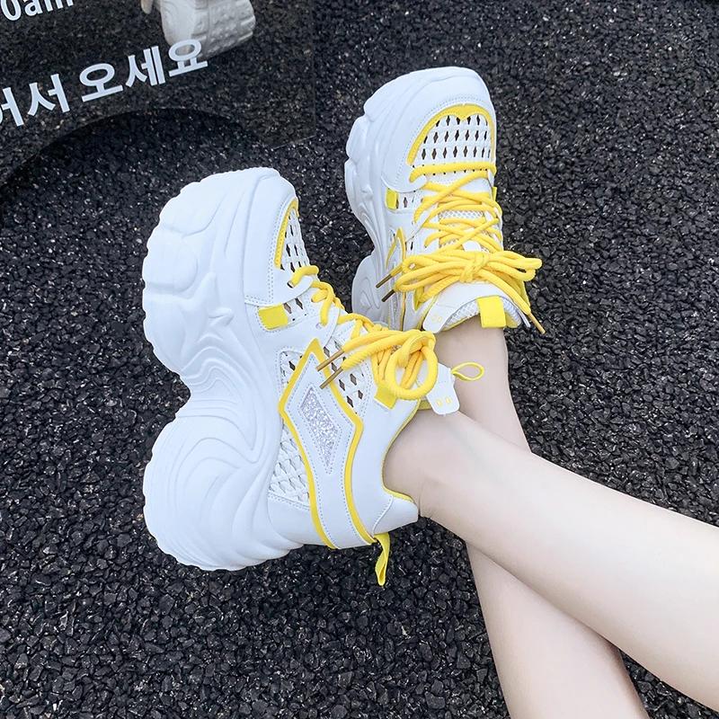 Fashion 9CM New Spring Women Hollow Sneakers 2025 Summer Casual Vulcanized Shoes High Platform Breathable Mesh Sneakers Female Dad Shoes