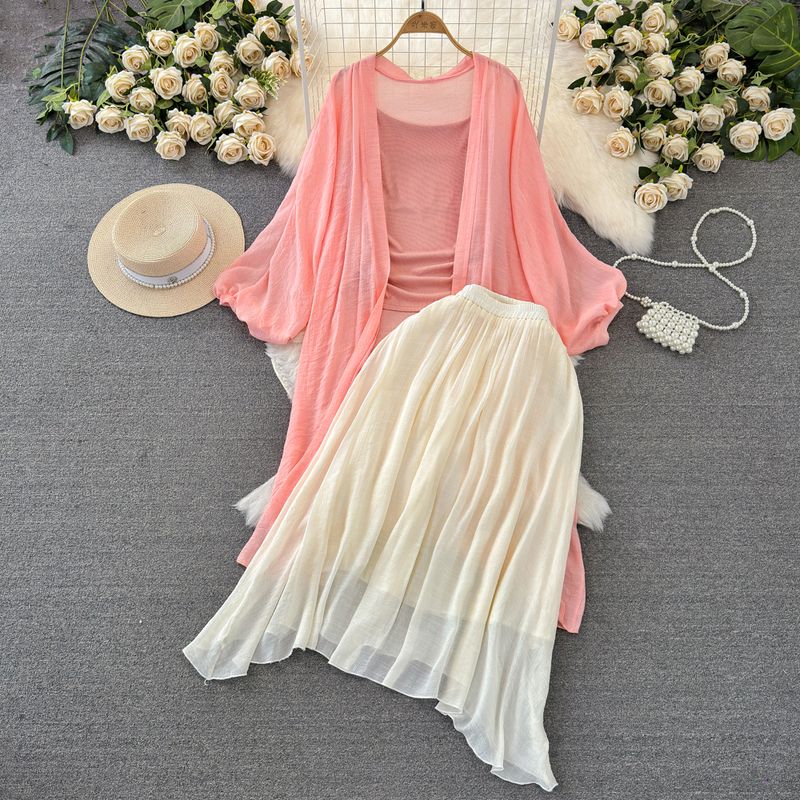 

Fashion Suit Women s Idle Style Sun Protection Cardigan Knitting Three-Piece Camisole High Waist Slim Looking A- line Skirt Pink One size
