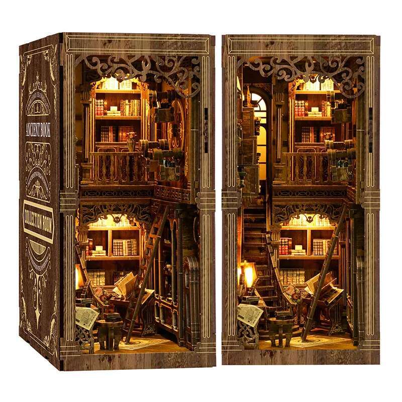 DIY Wooden Antique Book Collection Room Book Nook Shelf Insert Miniature Model Kits With Light Bookshelf Bookend Friends Gifts