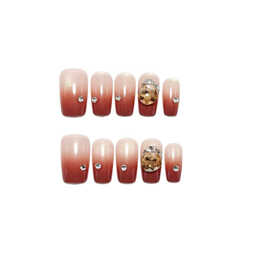 Wearable Nails Champagne Color Mid-Length Manicure Patch Ice-Clear Cat-Eye Sparkling Diamond Revealing White Fake Nails High-end Handmade Nails