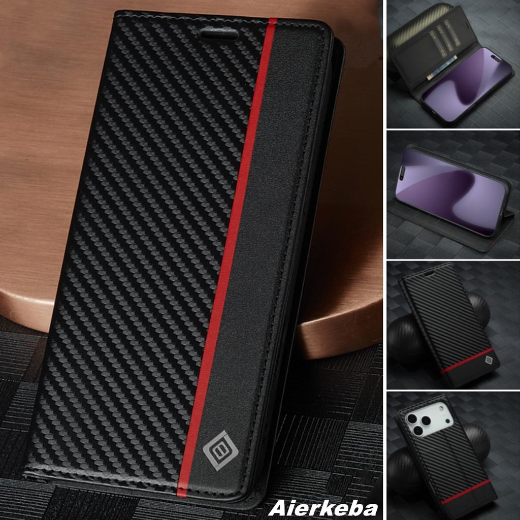 Funda Flip EUCAGR de Fibra de Carbono y Piel PU para IPhone 17 Pro Max Air 16E 16 15 14 13 12 11 Pro Max Xs XR X 7 8 Plus SE Funda tipo Cartera