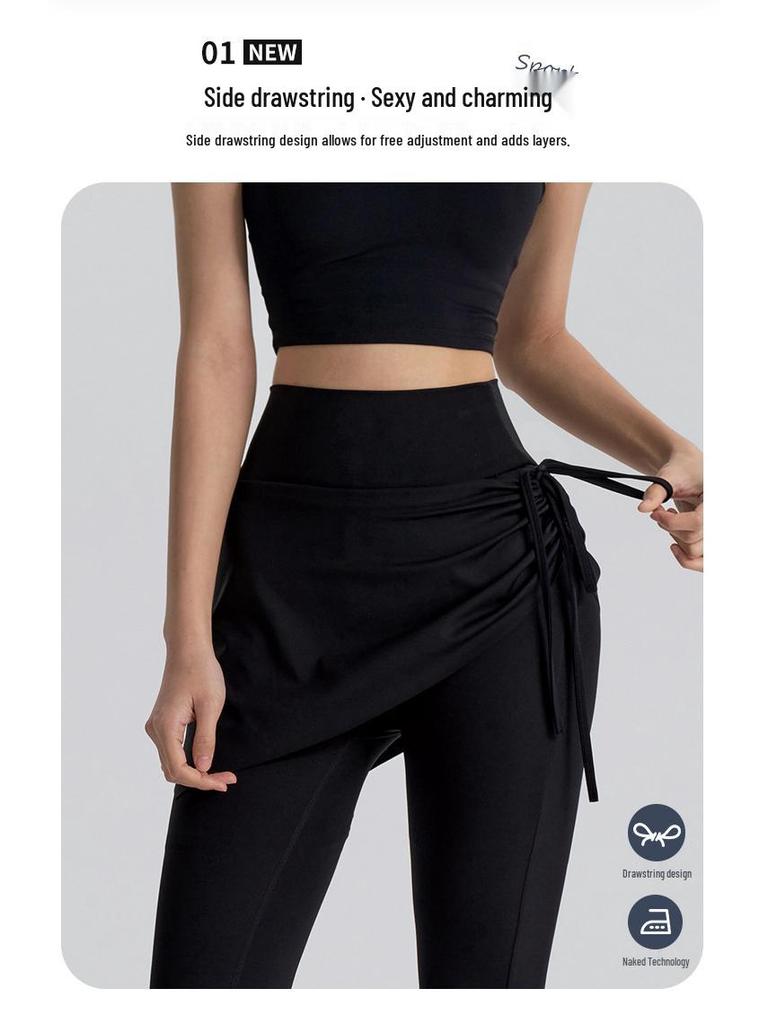 High-Waist Butt-Lifting Yoga Pants with Skirt Overlay for Women - Flared, Tight-Fitting, Anti-Exposure Fitness & Pilates Wear